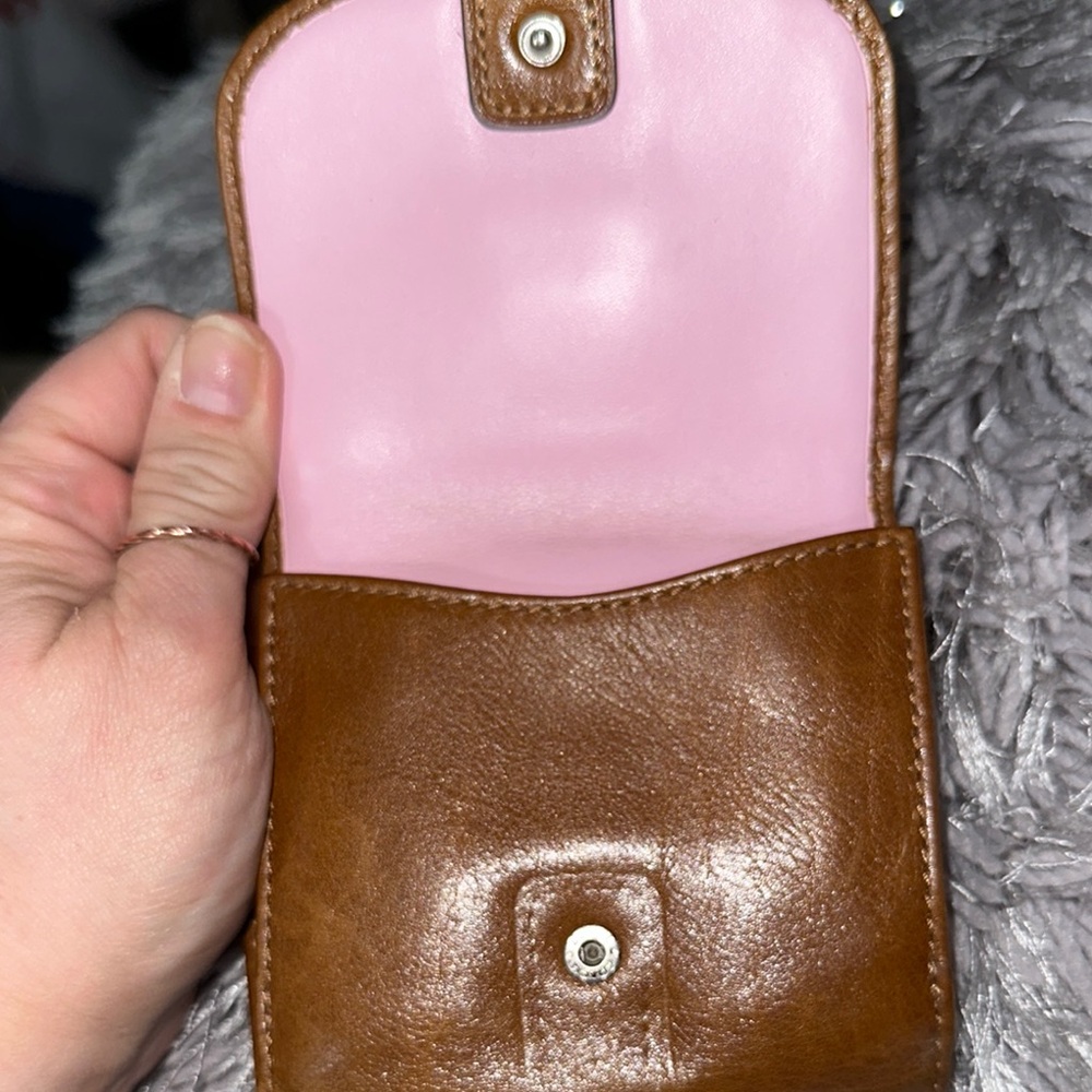 Coach Brown tan Leather Wallet with Buckle pink interior double bifold cute 🥰 - Picture 6 of 12